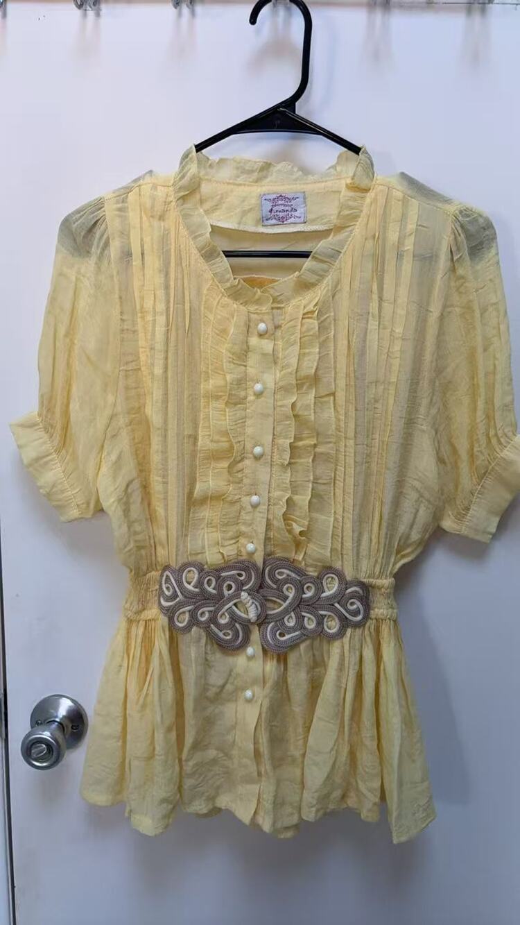 Women Yellow Ruffle Blouse Pintuck Button Down Belted Peplum Top Cottagecore XS